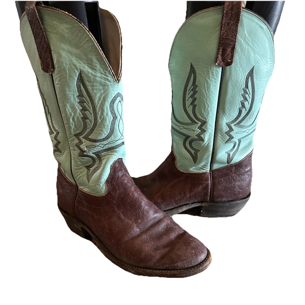 Olathe Vintage Tiffany Blue and Brown Western Leather Boots Made‎ In The USA 8D